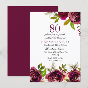 Burgundy Marsala Floral 80th Birthday Invite Kaart