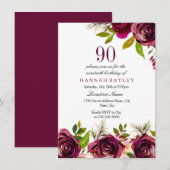 Burgundy Marsala Floral 90th Birthday Invite Kaart (Voorkant / Achterkant)