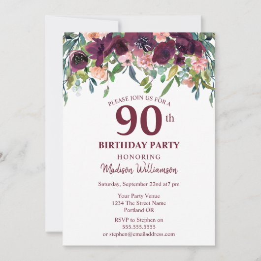Burgundy Marsala Floral 90th Birthday Party Kaart (Voorkant)