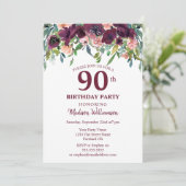 Burgundy Marsala Floral 90th Birthday Party Kaart (Staand voorkant)