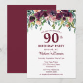 Burgundy Marsala Floral 90th Birthday Party Kaart (Voorkant / Achterkant)