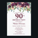 Burgundy Marsala Floral 90th Birthday Party Kaart<br><div class="desc">Moderne waterverf met bloemen in Bourgogne Marsala met Blauwe Groene bladeren. Dit is een sjabloon die je kunt gebruiken om je partijgegevens toe te voegen aan. Als u de kleur of de stijl van de doopvont zou willen veranderen past de klik verder aan het eind van de sjabloon aan.</div>