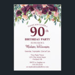 Burgundy Marsala Floral 90th Birthday Party Kaart<br><div class="desc">Moderne waterverf met bloemen in Bourgogne Marsala met Blauwe Groene bladeren. Dit is een sjabloon die je kunt gebruiken om je partijgegevens toe te voegen aan. Als u de kleur of de stijl van de doopvont zou willen veranderen past de klik verder aan het eind van de sjabloon aan.</div>
