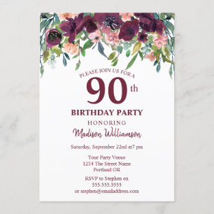 Burgundy Marsala Floral 90th Birthday Party Kaart