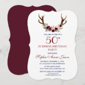 Burgundy Marsala Floral Antlers 50ste verjaardag Kaart (Voorkant / Achterkant)
