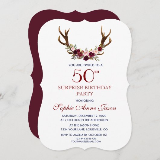 Burgundy Marsala Floral Antlers 50ste verjaardag Kaart (Voorkant / Achterkant)