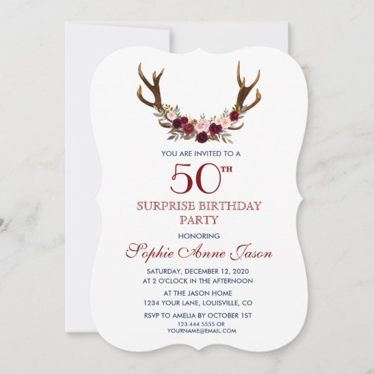 Burgundy Marsala Floral Antlers 50ste verjaardag Kaart (Voorkant)