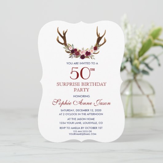 Burgundy Marsala Floral Antlers 50ste verjaardag Kaart (Staand voorkant)
