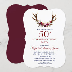 Burgundy Marsala Floral Antlers 50ste verjaardag Kaart