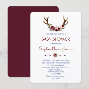 Burgundy Marsala Floral Antlers Baby shower Kaart