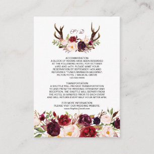 Burgundy Marsala Floral Antlers bruiloftsgegevens Informatiekaartje