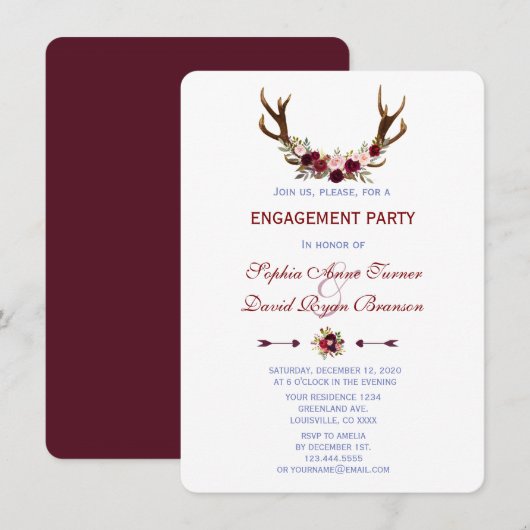 Burgundy Marsala Floral Antlers Engagement Party Kaart (Voorkant / Achterkant)