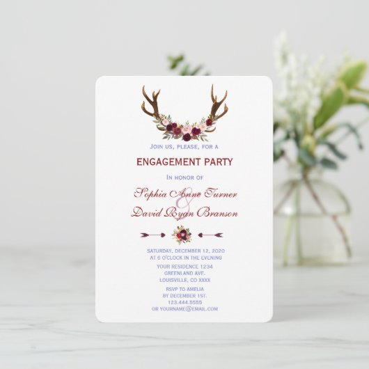 Burgundy Marsala Floral Antlers Engagement Party Kaart (Staand voorkant)