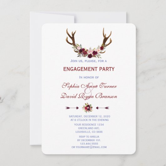 Burgundy Marsala Floral Antlers Engagement Party Kaart (Voorkant)