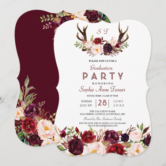 Burgundy Marsala Floral Antlers Graduation Party Kaart (Voorkant / Achterkant)