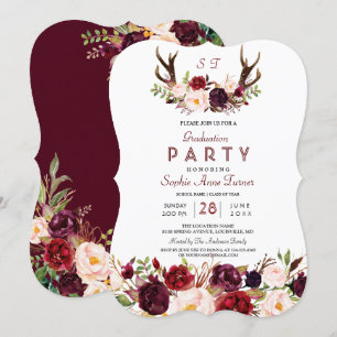Burgundy Marsala Floral Antlers Graduation Party Kaart