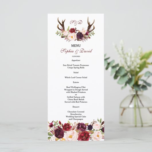 Burgundy Marsala Floral Antlers Monogram Menu (Staand voorkant)