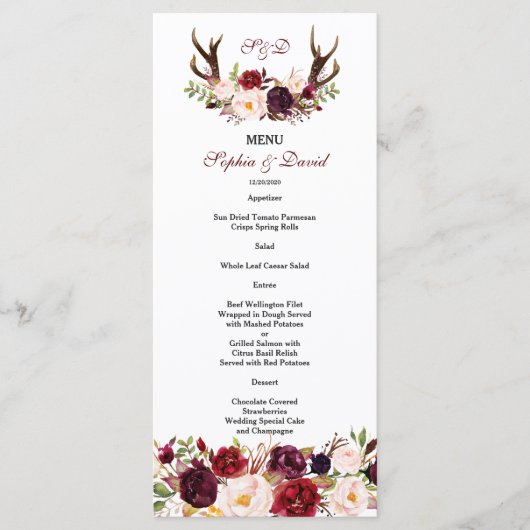 Burgundy Marsala Floral Antlers Monogram Menu (Voorkant)