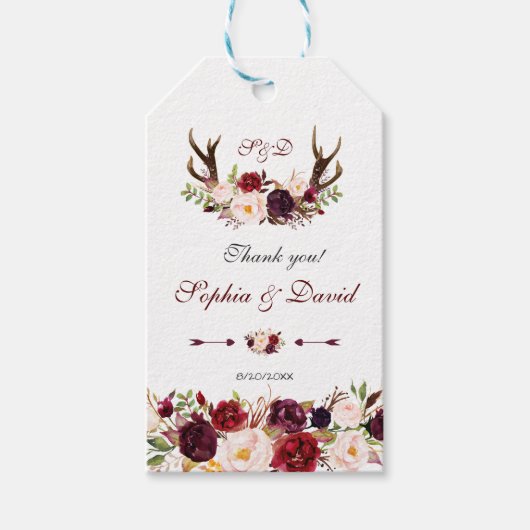 Burgundy Marsala Floral Antlers Monogram Weddensch Cadeaulabel (Voorkant)