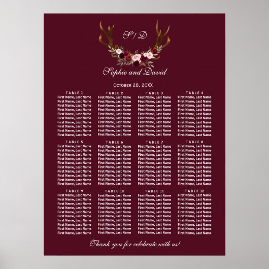 Burgundy Marsala Floral Antlers Seatrix Poster (Voorkant)