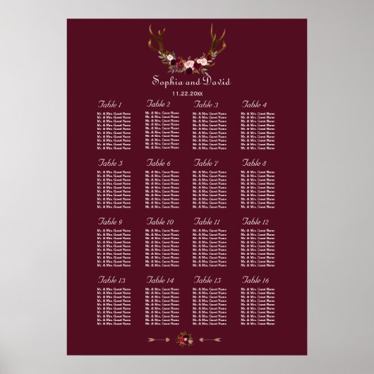Burgundy Marsala Floral Antlers Seatrix Poster (Voorkant)