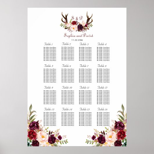 Burgundy Marsala Floral Antlers Seatrix Poster (Voorkant)