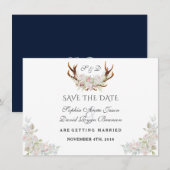 Burgundy Marsala Floral Antlers sparen de datum Save The Date (Voorkant / Achterkant)