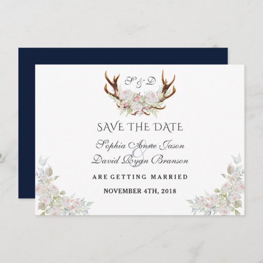 Burgundy Marsala Floral Antlers sparen de datum Save The Date (Voorkant / Achterkant)