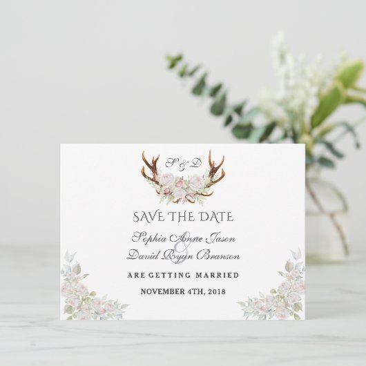 Burgundy Marsala Floral Antlers sparen de datum Save The Date (Staand voorkant)