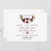 Burgundy Marsala Floral Antlers sparen de datum Save The Date (Voorkant / Achterkant)