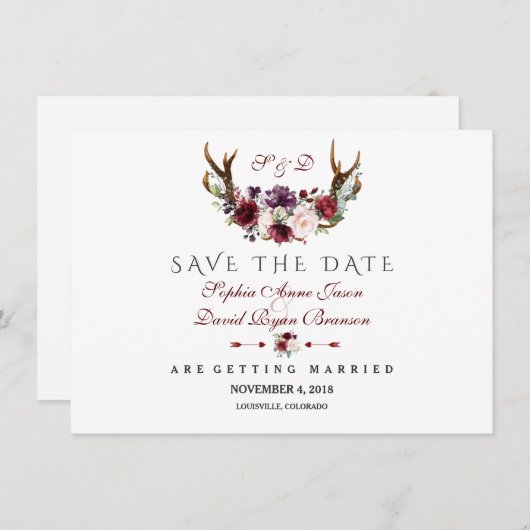 Burgundy Marsala Floral Antlers sparen de datum Save The Date (Voorkant / Achterkant)