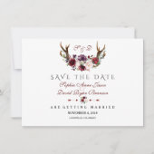 Burgundy Marsala Floral Antlers sparen de datum Save The Date (Voorkant)