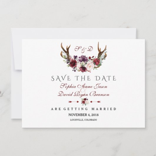 Burgundy Marsala Floral Antlers sparen de datum Save The Date (Voorkant)
