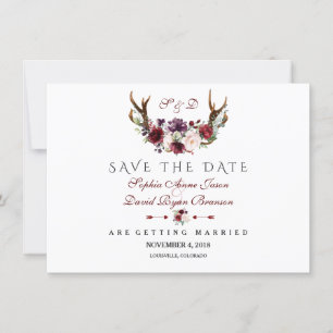 Burgundy Marsala Floral Antlers sparen de datum Save The Date