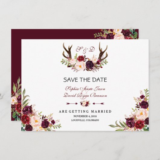 Burgundy Marsala Floral Antlers sparen de datum Save The Date (Voorkant / Achterkant)