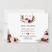 Burgundy Marsala Floral Antlers sparen de datum Save The Date (Voorkant)
