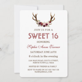Burgundy Marsala Floral Antlers Sweet 16 Invite Kaart