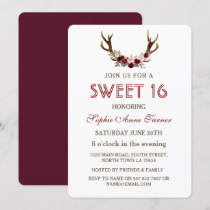 Burgundy Marsala Floral Antlers Sweet 16 Invite Kaart