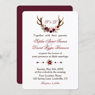 Burgundy Marsala Floral Antlers Weddenemonogram Kaart