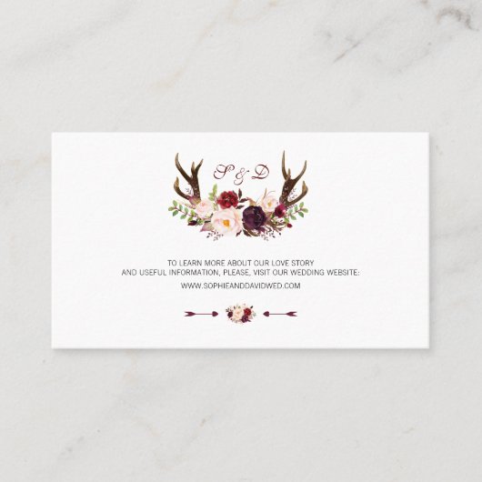 Burgundy Marsala Floral Antlers Weddenschap Websit Visitekaartje (Voorkant)