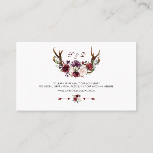 Burgundy Marsala Floral Antlers Weddenschap Websit Visitekaartje (Voorkant)