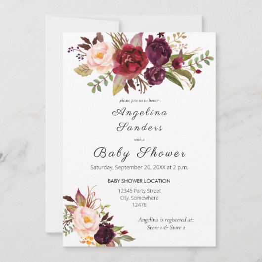 Burgundy Marsala Floral Baby shower Kaart (Voorkant)