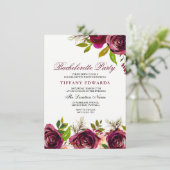 Burgundy Marsala Floral Bachelorette Party Invite Kaart (Staand voorkant)