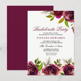 Burgundy Marsala Floral Bachelorette Party Invite Kaart