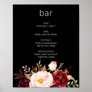 Burgundy Marsala Floral Bar Black Poster