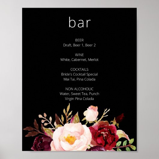 Burgundy Marsala Floral Bar Black Poster (Voorkant)