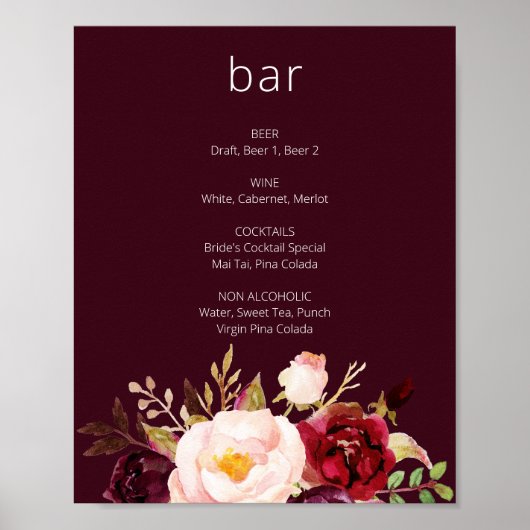 Burgundy Marsala Floral Bar Sign Poster (Voorkant)