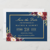 Burgundy Marsala Floral Blue Wedding Save the Date (Voorkant)