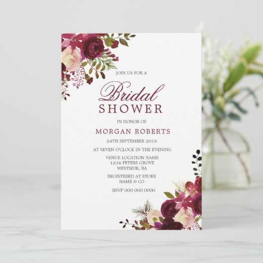 Burgundy Marsala Floral Bridal Shower Kaart (Staand voorkant)