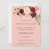 Burgundy Marsala Floral Change the Date - Roze 2 Kaart (Voorkant)